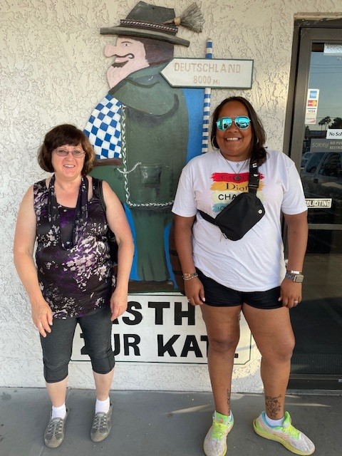 Irene (left), pictured with Janice Coleman, was delighted to enjoy German cuisine during a training event in Arizona with her division.